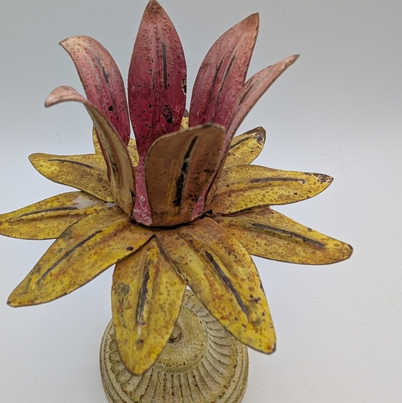 Vintage Tole Aged Yellow and Pink Metal Flower Candle Holder - Picture 4 of 10